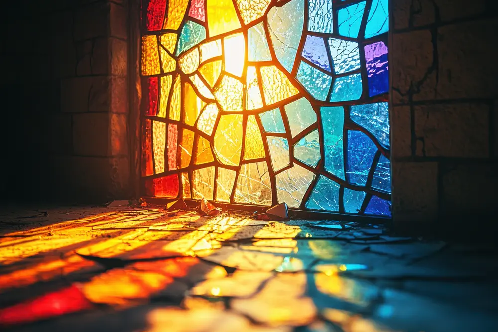 Buntglasfenster mit farbigen Glasfragmenten, durch das Sonnenlicht in einen Raum fällt