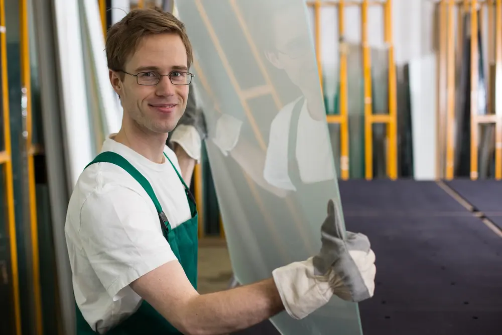 Fachgerechter Umgang mit Glas – Glaser positioniert Sicherheitsglas Glaser mit Handschuhen hält eine große matte Glasscheibe in der Werkstatt