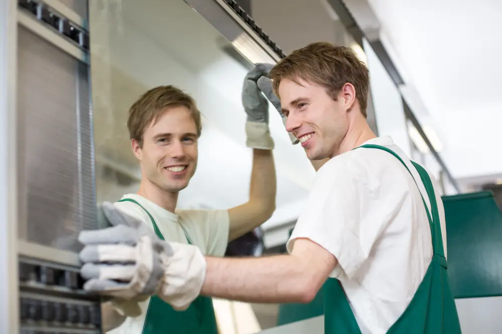 Teamarbeit in der Glasverarbeitung – sichere Handhabung großer Glaselemente Zwei Glaser tragen gemeinsam eine große Glasscheibe in einer ProduktionshalleZwei Glaser tragen gemeinsam eine große Glasscheibe in einer Produktionshalle