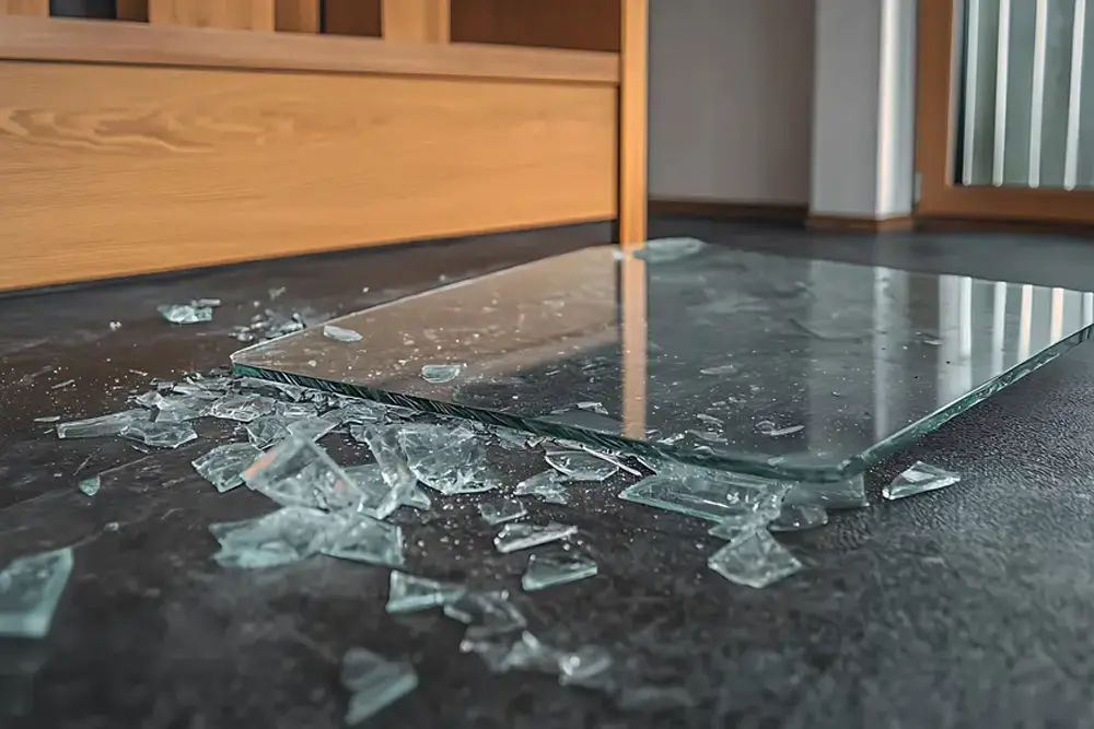 Zerbrochenes Glas nach Unfall – Sicherheitsrisiko durch herumliegende Scherben Zersplitterte Glasscheibe liegt nach Bruch auf dem Boden eines Raums